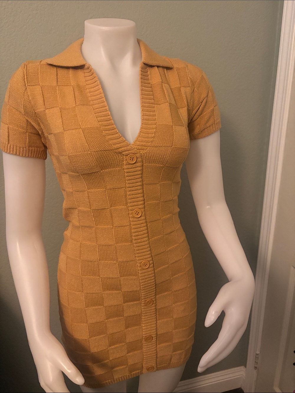 emory park Tan Knit Button-Front Short Sleeve Mini Dress